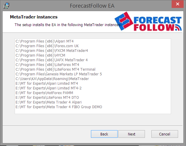 MetaTrader installations detected by the wizard