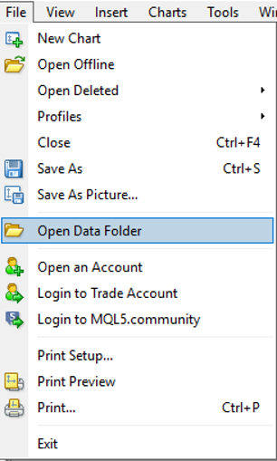MetaTrader File menu with Open Data Folder
